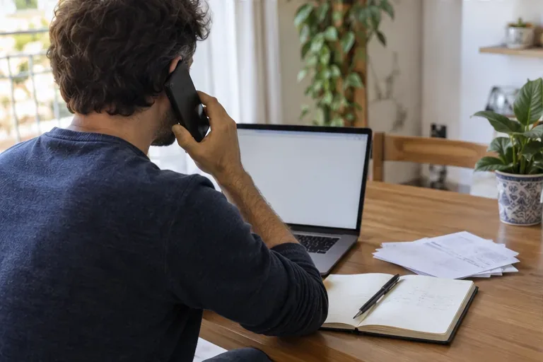 Persona al telefono con computer e documenti sul tavolo, mentre organizza la prenotazione del ritiro di una lavatrice
