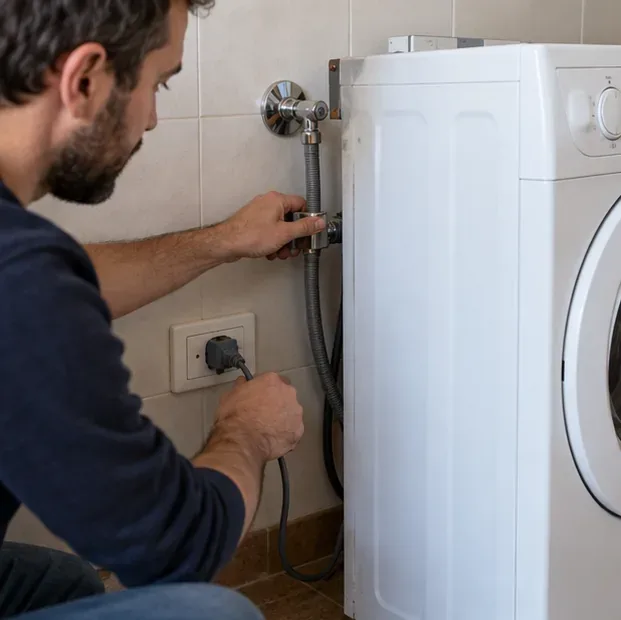 Un uomo chiude il rubinetto dell’acqua e scollega la spina accanto a una lavatrice