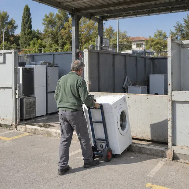 Una persona spinge una lavatrice su un carrello verso un’area di raccolta comunale per grandi elettrodomestici.
