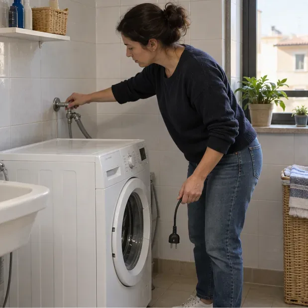Una persona chiude il rubinetto dell’acqua e tiene la spina scollegata accanto a una lavatrice. Al primo controllo, la macchina è isolata dalle utenze prima di spostarla.