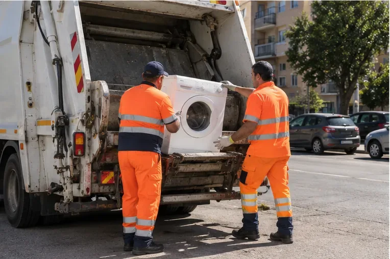 Due operatori del servizio rifiuti caricano una lavatrice sul mezzo di raccolta.