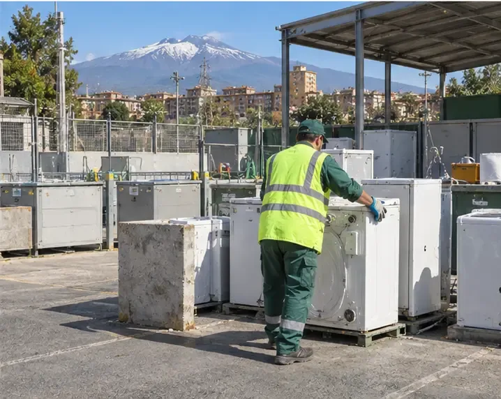 Operatore in abiti ad alta visibilità colloca una lavatrice nell’area per grandi elettrodomestici di un centro di raccolta