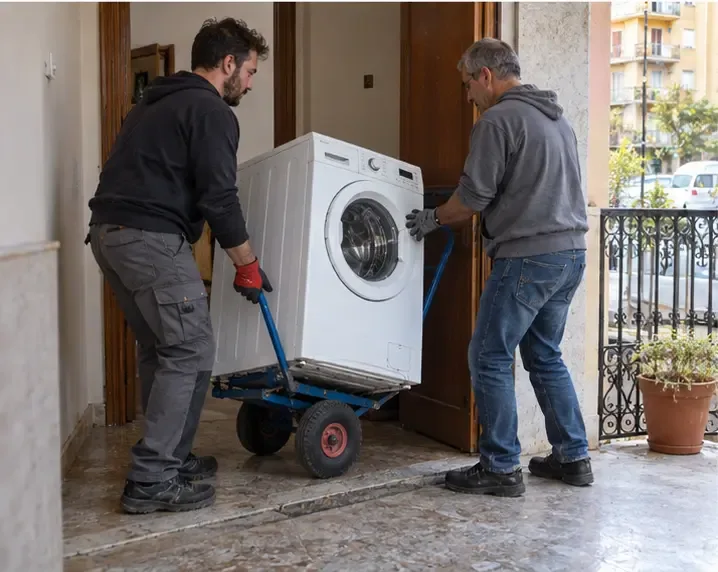 Due persone spostano una lavatrice su un carrello attraverso la porta di un’abitazione