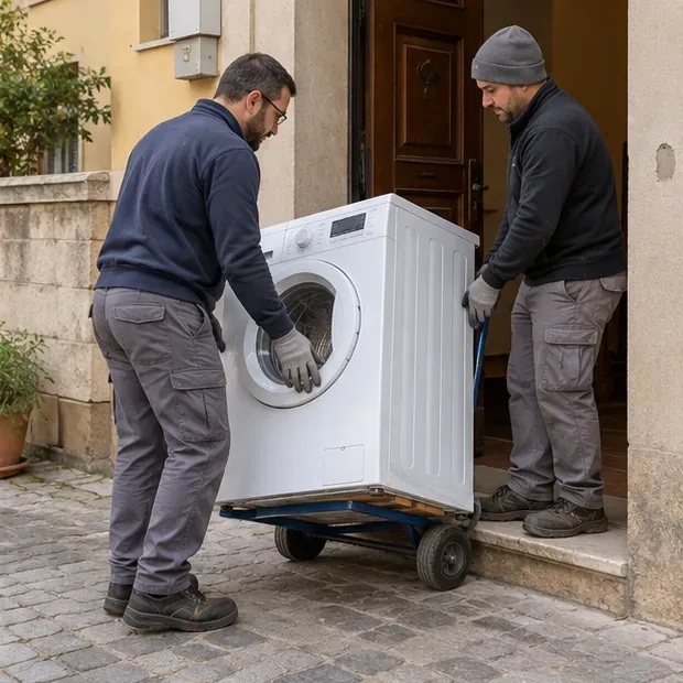 Due addetti spostano una lavatrice su un carrello attraverso l'ingresso di un'abitazione