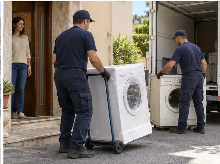 Addetti alla consegna portano una lavatrice nuova mentre ritirano quella vecchia davanti a un’abitazione