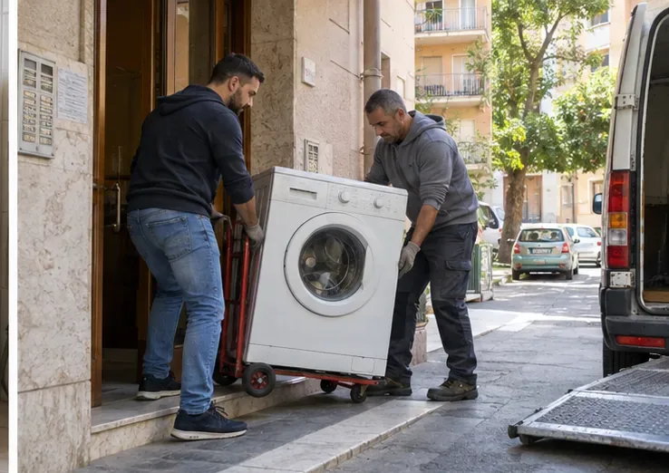 Due persone spostano una lavatrice su un carrello dal portone di un edificio verso un furgone