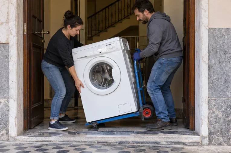 Due persone tengono una lavatrice in verticale su un carrello per elettrodomestici mentre attraversano una porta