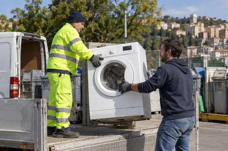Un addetto e un residente consegnano una lavatrice presso un centro di raccolta comunale