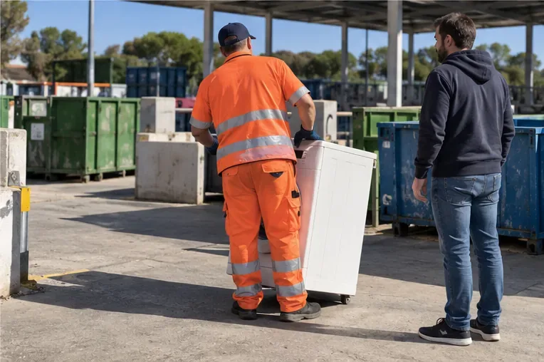 Un operatore in abbigliamento ad alta visibilità accompagna una lavatrice bianca vicino ai contenitori di un centro di raccolta