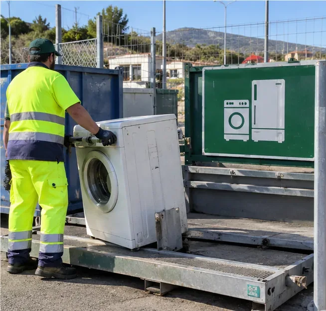 Operatore in alta visibilità che movimenta una lavatrice nell’area dedicata agli elettrodomestici di un centro di raccolta