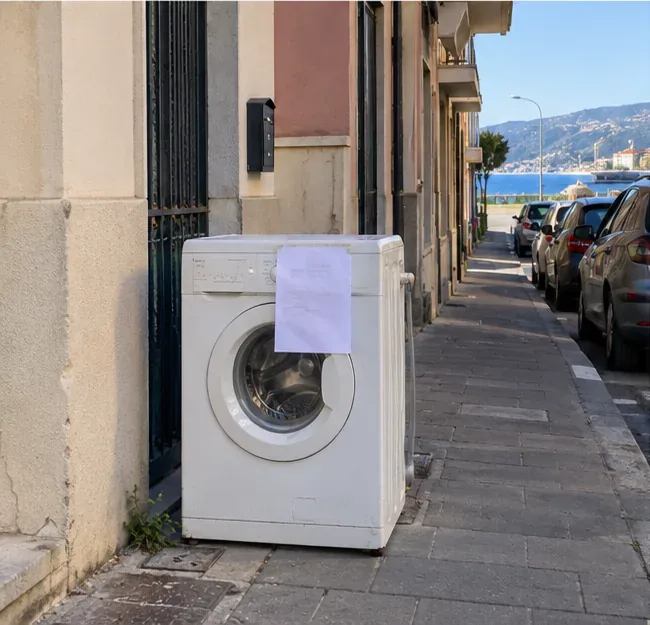 Lavatrice preparata per il ritiro sul marciapiede con un foglio di prenotazione fissato sul frontale