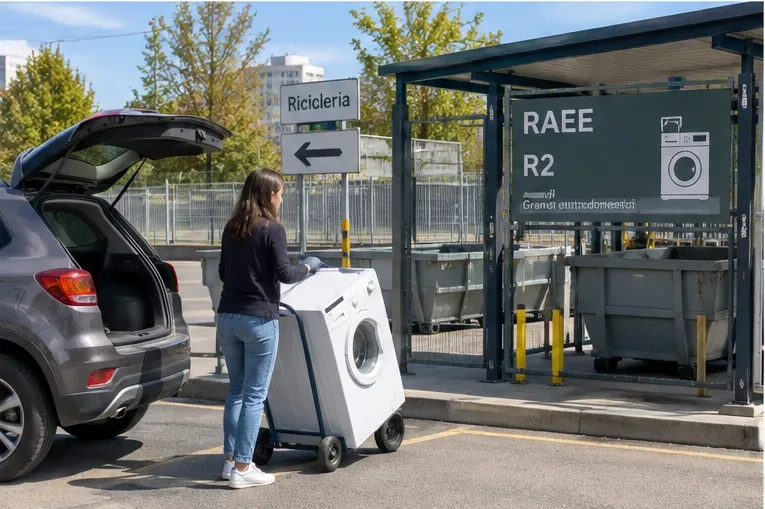 Una persona porta una lavatrice verso un'area di ricicleria contrassegnata per i RAEE R2 e i grandi elettrodomestici.