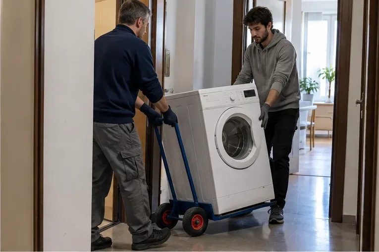 Due persone spostano una lavatrice su un carrello attraverso un corridoio domestico.