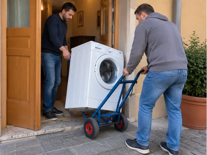 Due persone che spostano una lavatrice su un carrello a due ruote attraverso una porta