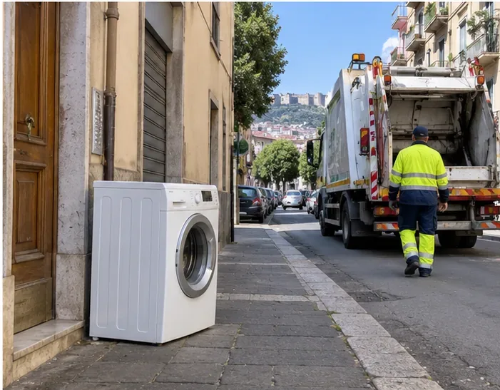 Lavatrice collocata vicino all'ingresso di un edificio mentre un mezzo per la raccolta dei rifiuti passa sulla strada