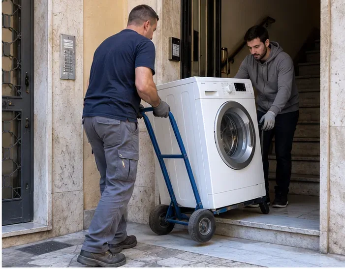 Due persone che movimentano una lavatrice con un carrello all'uscita di un edificio