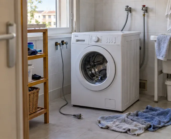 Una lavatrice scollegata dalla presa elettrica con i rubinetti dell’acqua chiusi e asciugamani pronti sul pavimento di un locale di servizio.