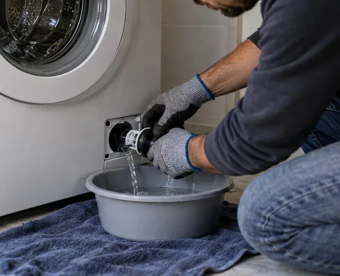 Una persona scarica l’acqua residua dalla lavatrice in una bacinella bassa usando guanti protettivi.