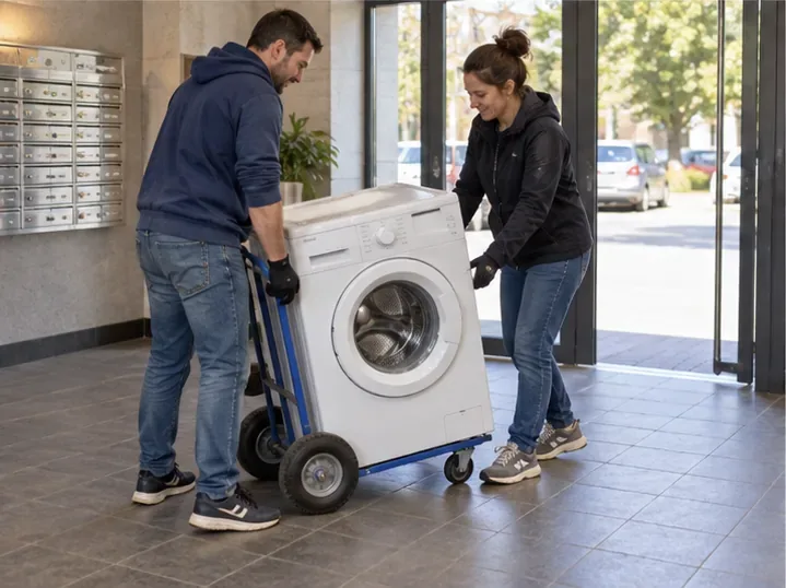 Due persone spostano una lavatrice svuotata con un carrello in sicurezza