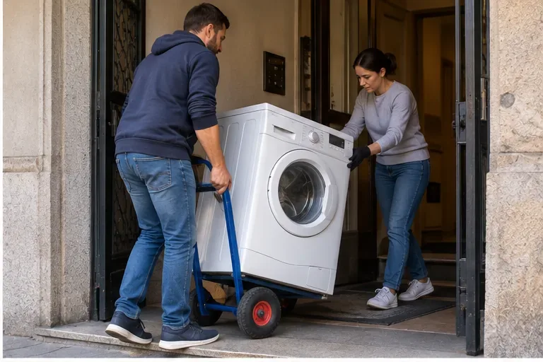 Due adulti spostano una lavatrice bianca su un carrello a due ruote attraverso un portone