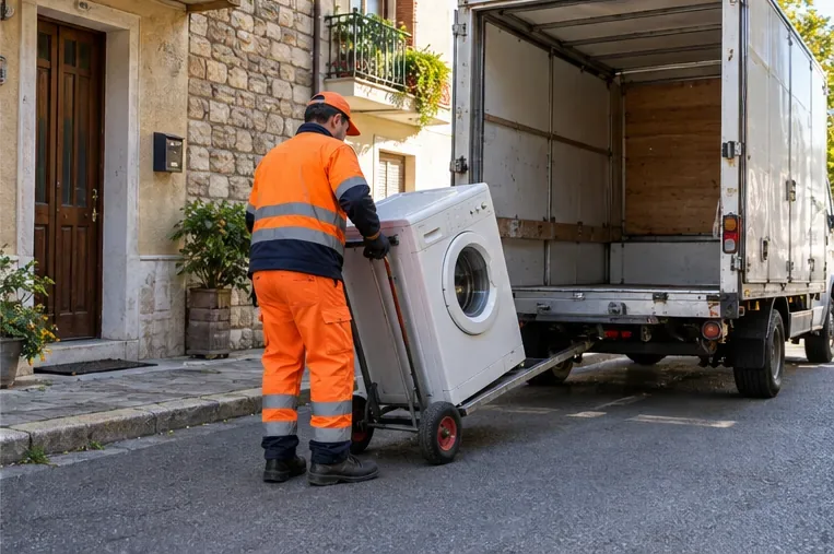 Operatore in abbigliamento da lavoro carica una lavatrice su un camion con un carrello