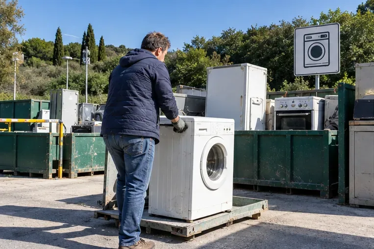 Persona che spinge una lavatrice su un carrello in un centro di raccolta per elettrodomestici