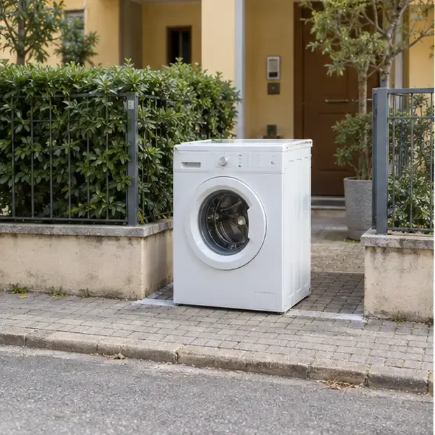 Lavatrice appoggiata ordinatamente vicino all’accesso di un’abitazione, senza occupare il passaggio pedonale