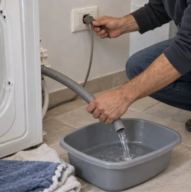 Una persona scollega la lavatrice e scarica l’acqua residua dal tubo in una bacinella
