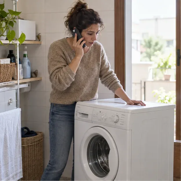 Una donna controlla una lavatrice mentre telefona da casa per chiedere informazioni sul ritiro