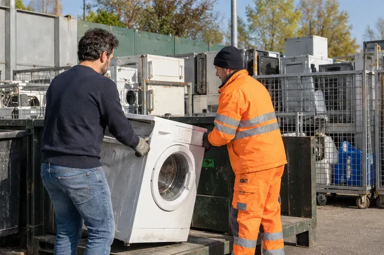 Lavatrice consegnata in un centro di raccolta con operatore in abbigliamento ad alta visibilità