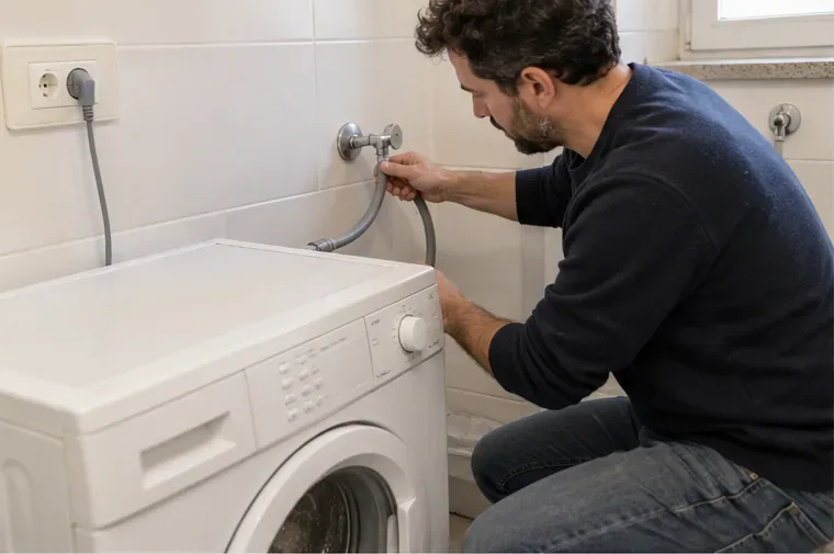 Persona che scollega il tubo dell'acqua di una lavatrice prima dello smaltimento