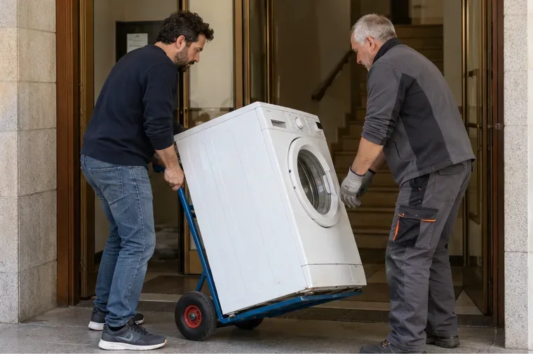 Due persone movimentano una lavatrice con un carrello all'uscita di un edificio