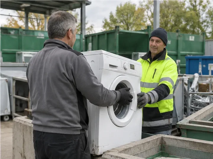 Operatore in abbigliamento ad alta visibilità riceve una lavatrice in un centro di raccolta