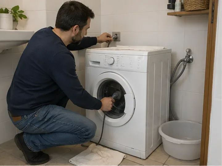 Persona che scollega una lavatrice dalla presa e prepara una bacinella per l'acqua residua