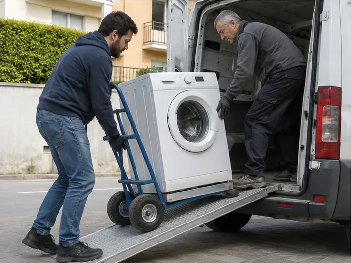 Due persone caricano una lavatrice su un furgone usando un carrello e una rampa