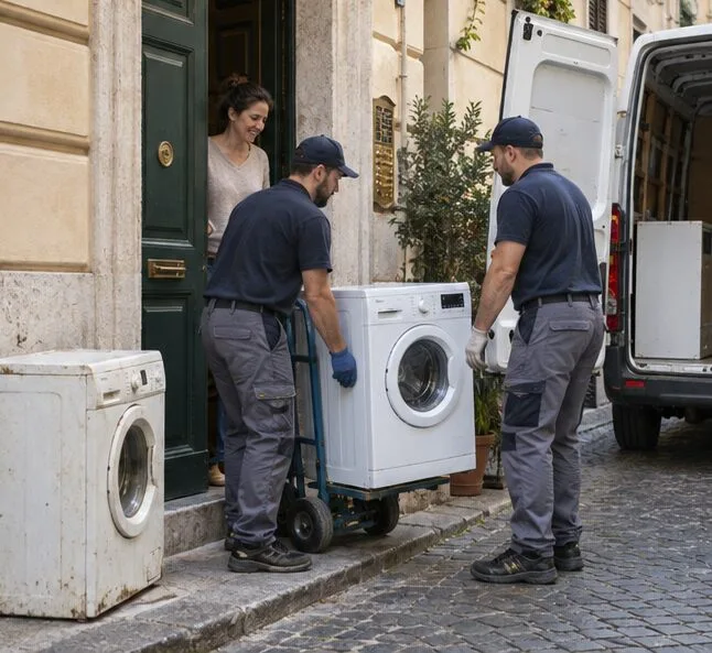 Addetti con carrello trasferiscono una lavatrice usata verso un furgone all’ingresso di un’abitazione.