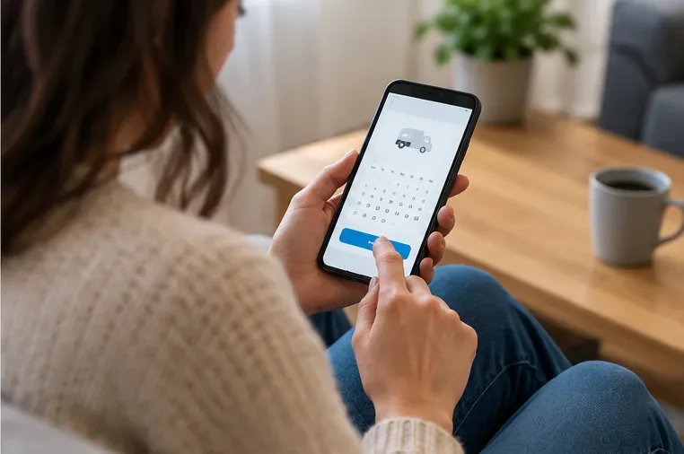 Persona che usa uno smartphone per organizzare un appuntamento di ritiro di un elettrodomestico