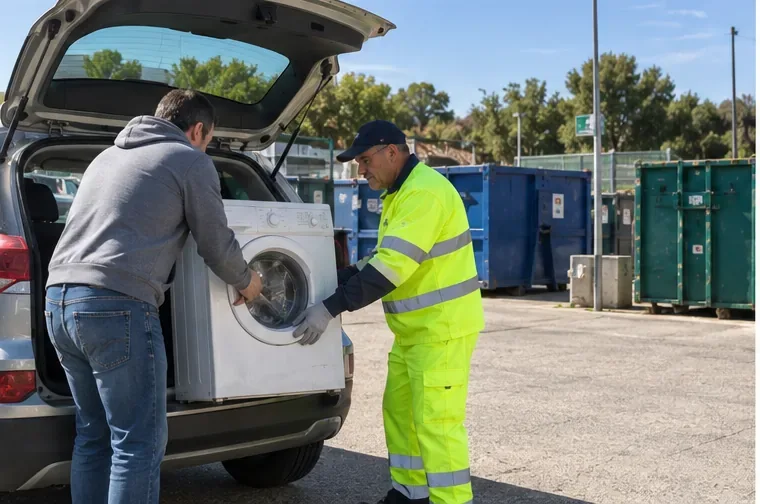 Una lavatrice viene scaricata da un'auto presso un centro di raccolta assistito da un operatore