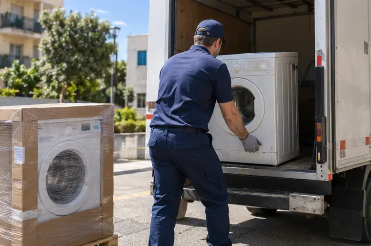 Un addetto ritira una vecchia lavatrice durante la consegna di un nuovo elettrodomestico