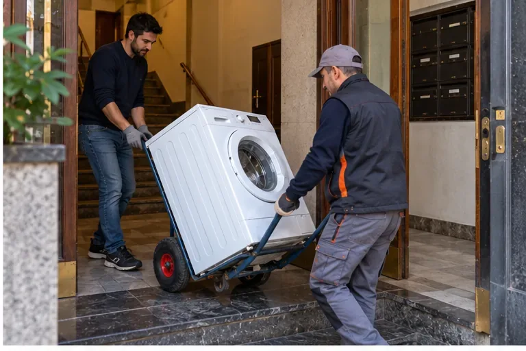 Due persone movimentano una lavatrice su un carrello all’uscita di un edificio
