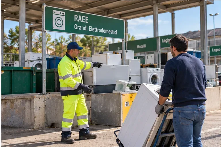 Un operatore indica l’area RAEE grandi elettrodomestici mentre una lavatrice viene portata al punto di raccolta