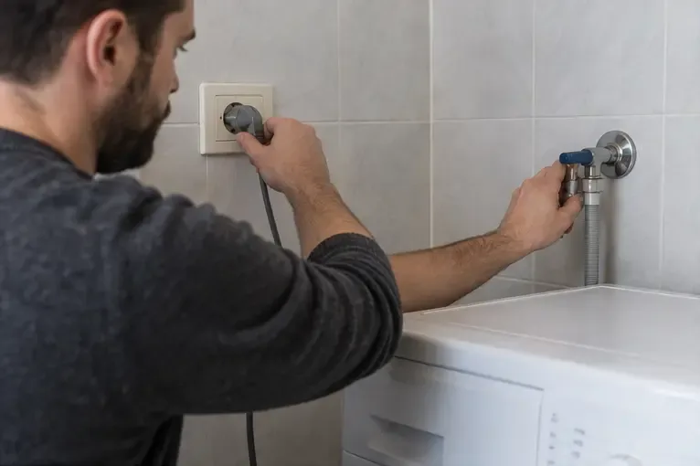 Persona che stacca la spina della lavatrice e chiude il rubinetto dell’acqua in bagno