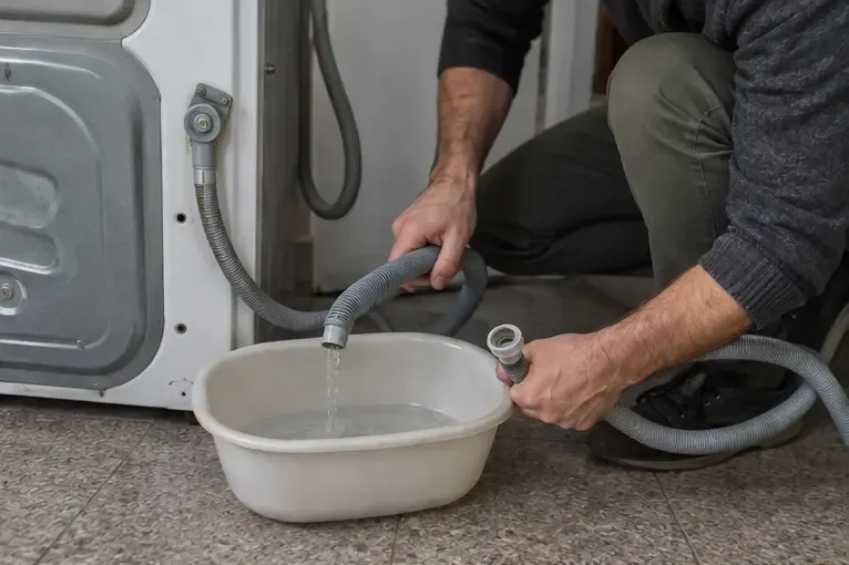 Persona che scarica l’acqua residua del tubo della lavatrice in una bacinella