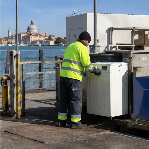 Operatore in abbigliamento ad alta visibilità gestisce una lavatrice presso un’area di raccolta vicino alla laguna