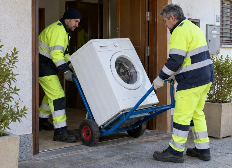 Due addetti spostano una lavatrice con un carrello attraverso l’ingresso di un’abitazione.