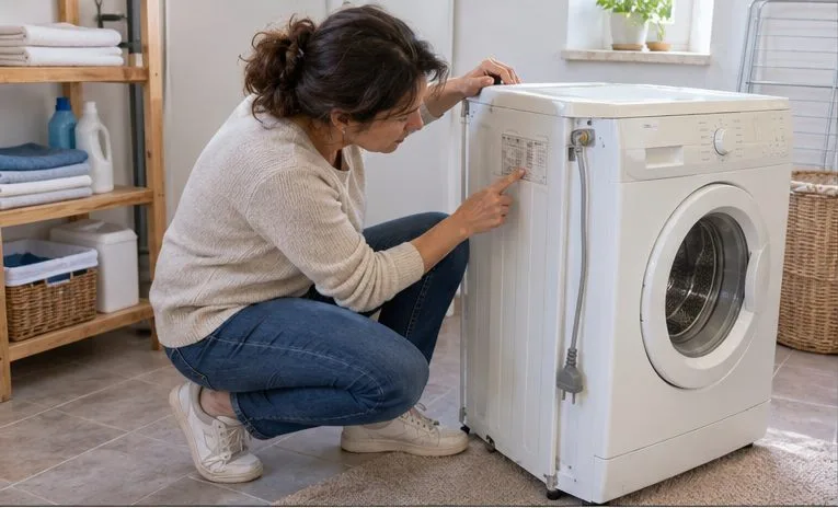 Una persona controlla la targhetta di una lavatrice ancora collegata nella lavanderia di casa.