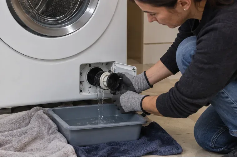 Persona con guanti che scarica l'acqua residua dal filtro di una lavatrice in una bacinella