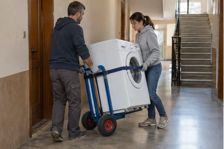 Due persone spostano una lavatrice tenuta in posizione verticale su un carrello con cinghia