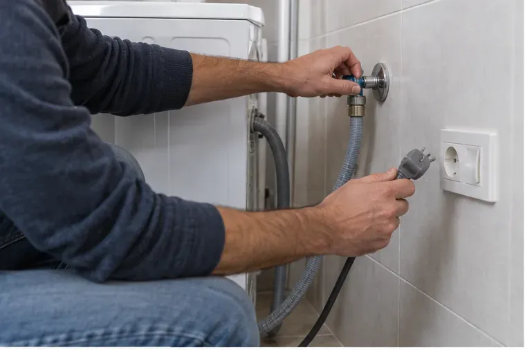 Persona che chiude il rubinetto dell'acqua e scollega la spina di una lavatrice