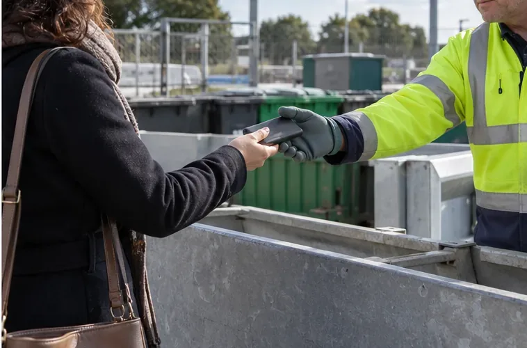 Cittadina che consegna una power bank integra a un operatore in un centro di raccolta comunale